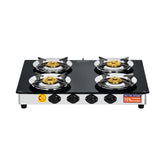 Surya Flame LPG 4 Burner Efficient Glass Gas Stove Manual Ignition Brass Burners & Steel Pan Support with 5 Years Warranty